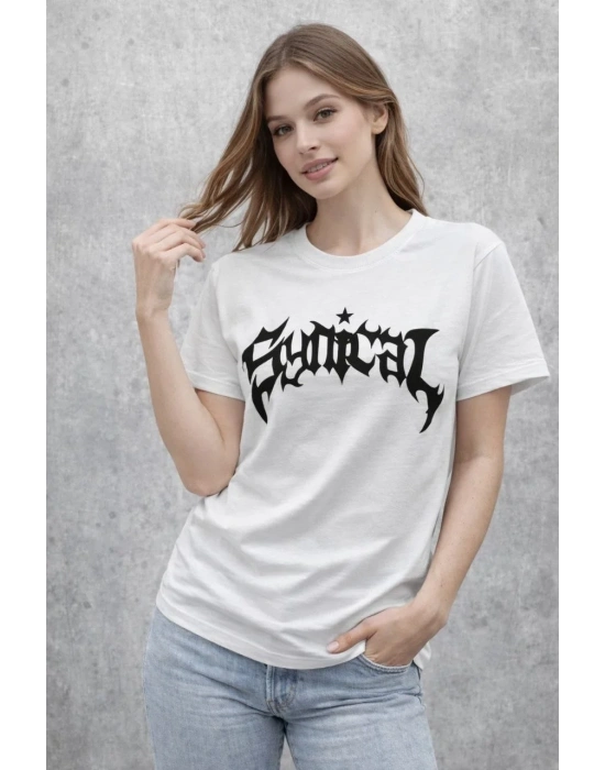 Kadın Bisiklet Yaka Ön Baskılı Kısa Kollu Tişört Streetwear Günlük Basic Pamuklu T-shirt - Beyaz