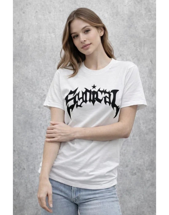 Kadın Bisiklet Yaka Ön Baskılı Kısa Kollu Tişört Streetwear Günlük Basic Pamuklu T-shirt - Beyaz