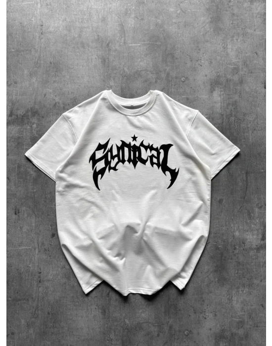 Kadın Bisiklet Yaka Ön Baskılı Kısa Kollu Tişört Streetwear Günlük Basic Pamuklu T-shirt - Beyaz