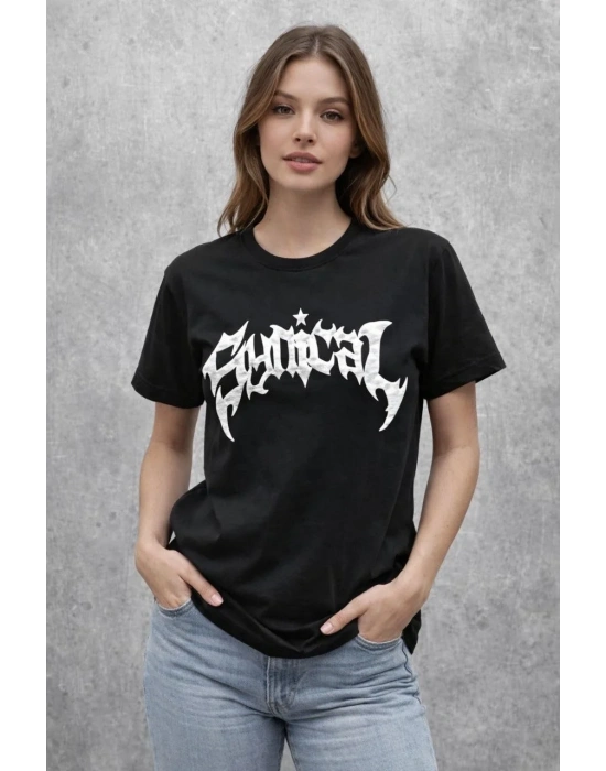 Kadın Bisiklet Yaka Ön Baskılı  Kısa Kollu Tişört Streetwear Günlük Basic Pamuklu T-shirt - Siyah