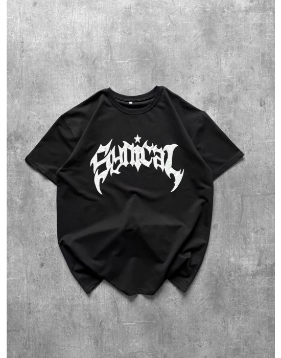 Kadın Bisiklet Yaka Ön Baskılı  Kısa Kollu Tişört Streetwear Günlük Basic Pamuklu T-shirt - Siyah