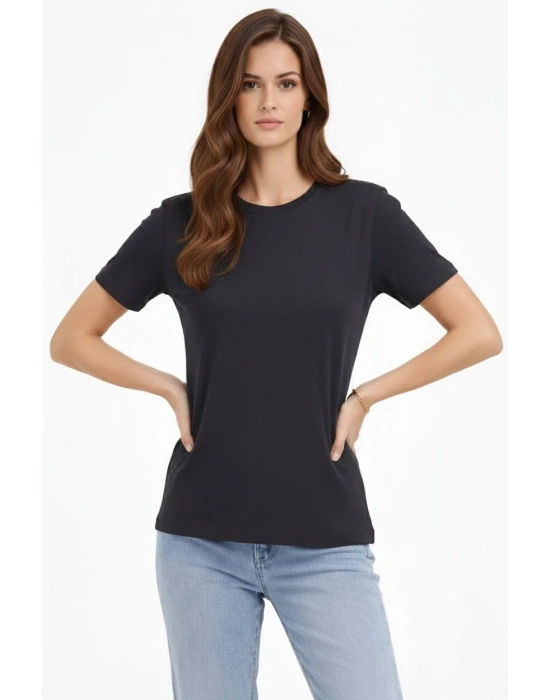 Kadın Bisiklet Yaka Tişört Regular Kalıp Basic Pamuklu Günlük Kullanım T-shirt - Füme