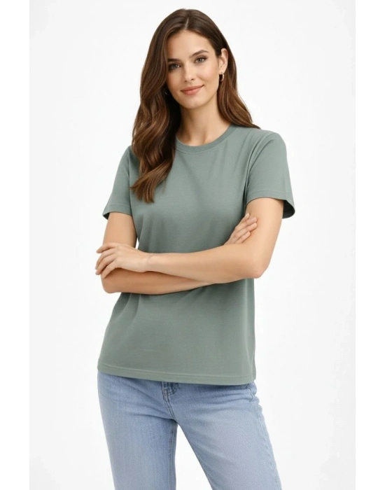 Kadın Bisiklet Yaka Tişört Regular Kalıp Basic Pamuklu Günlük Kullanım T-shirt - Mint Yeşili