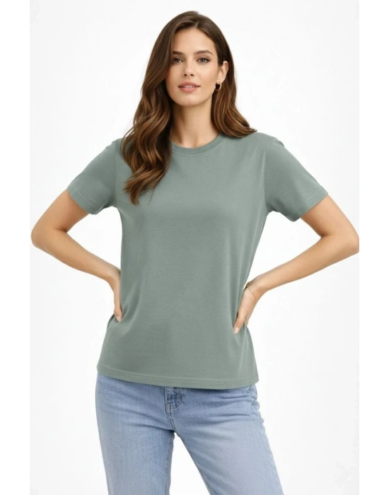 Kadın Bisiklet Yaka Tişört Regular Kalıp Basic Pamuklu Günlük Kullanım T-shirt - Mint Yeşili