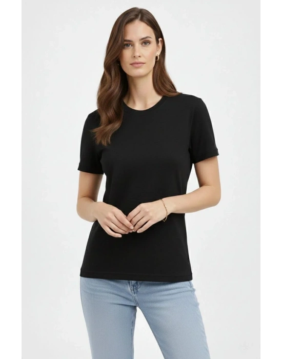 Kadın Bisiklet Yaka Tişört Regular Kalıp Basic Pamuklu Günlük Kullanım T-shirt - Siyah