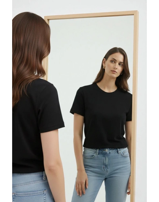 Kadın Bisiklet Yaka Tişört Regular Kalıp Basic Pamuklu Günlük Kullanım T-shirt - Siyah