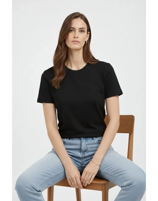 Kadın Bisiklet Yaka Tişört Regular Kalıp Basic Pamuklu Günlük Kullanım T-shirt - Siyah