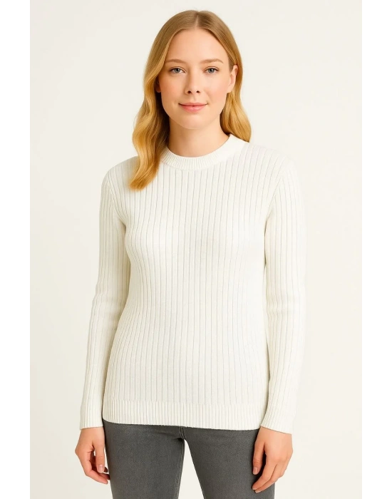 Kadın Bisiklet Yuvarlak Yaka Triko Kazak Pamuklu Kalın Fitilli Dokuma Regular Fit - Beyaz