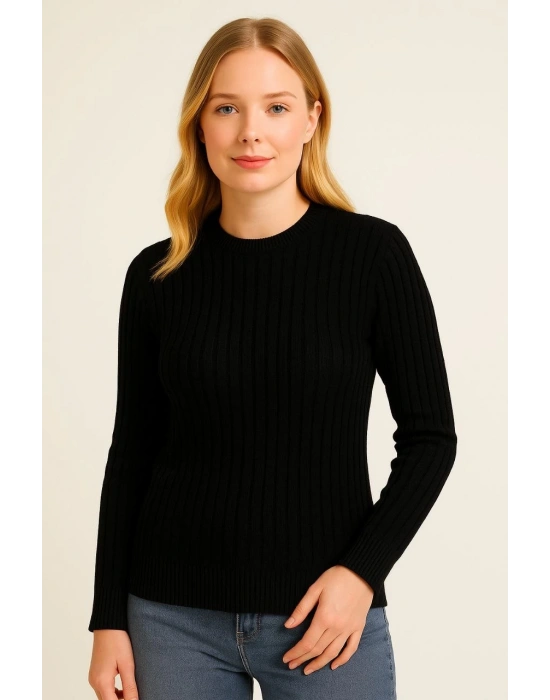 Kadın Bisiklet Bisiklet Yaka Triko Kazak Pamuklu Kalın Fitilli Dokuma- Siyah