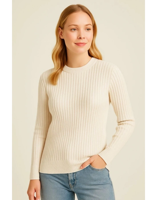 Kadın Bisiklet Bisiklet Yaka Triko Kazak Pamuklu Kalın Fitilli Dokuma  - Bej