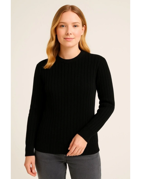 Kadın Bisiklet Bisiklet Yaka Triko Kazak Pamuklu Kalın Fitilli Dokuma- Siyah