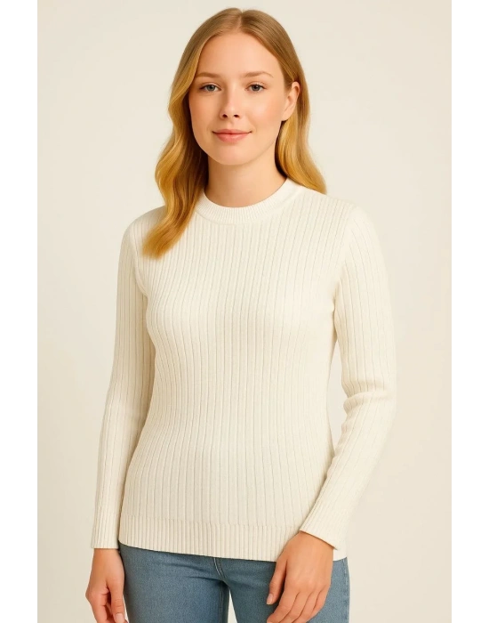Kadın Bisiklet Yuvarlak Yaka Triko Kazak Pamuklu Kalın Fitilli Dokuma Regular Fit - Beyaz