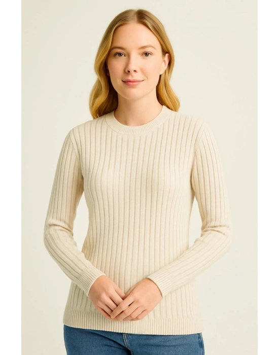 Kadın Bisiklet Bisiklet Yaka Triko Kazak Pamuklu Kalın Fitilli Dokuma  - Bej