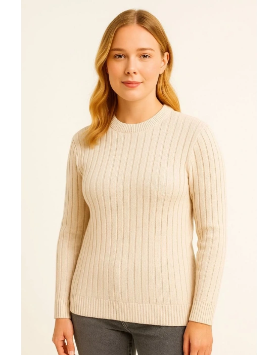 Kadın Bisiklet Bisiklet Yaka Triko Kazak Pamuklu Kalın Fitilli Dokuma  - Bej