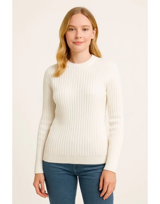 Kadın Bisiklet Yuvarlak Yaka Triko Kazak Pamuklu Kalın Fitilli Dokuma Regular Fit - Beyaz