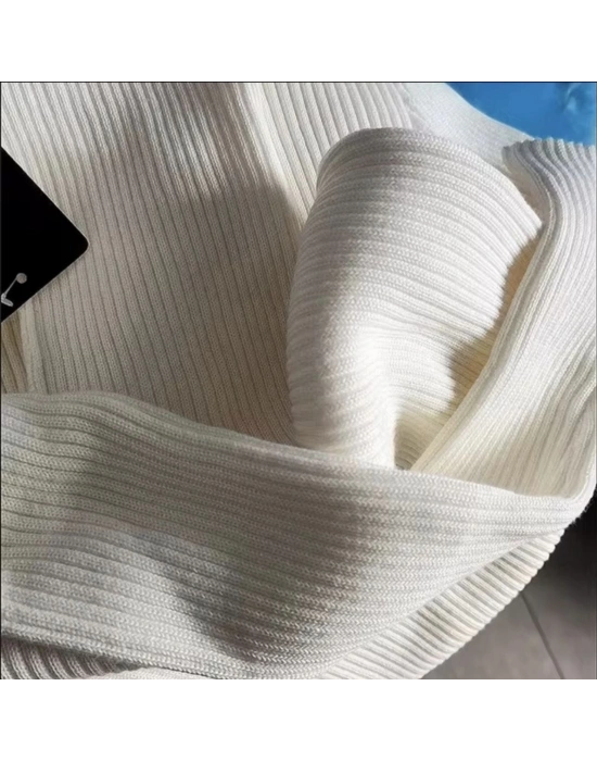 Kadın Boğazlı Triko Elbise Uzun Fitilli Esnek Dokuma Tam Kalıp Baharlık 130 cm - Beyaz