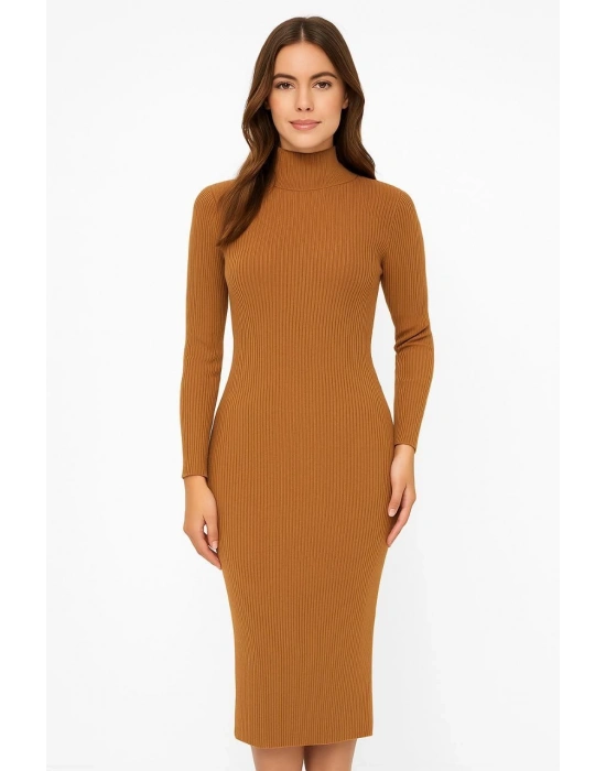 Kadın Boğazlı Triko Elbise Uzun Fitilli Esnek Dokuma Tam Kalıp Baharlık 130 - Kahverengi