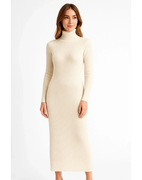 Kadın Boğazlı Triko Elbise Uzun Fitilli Esnek Dokuma Tam Kalıp Baharlık 130 cm - Beyaz