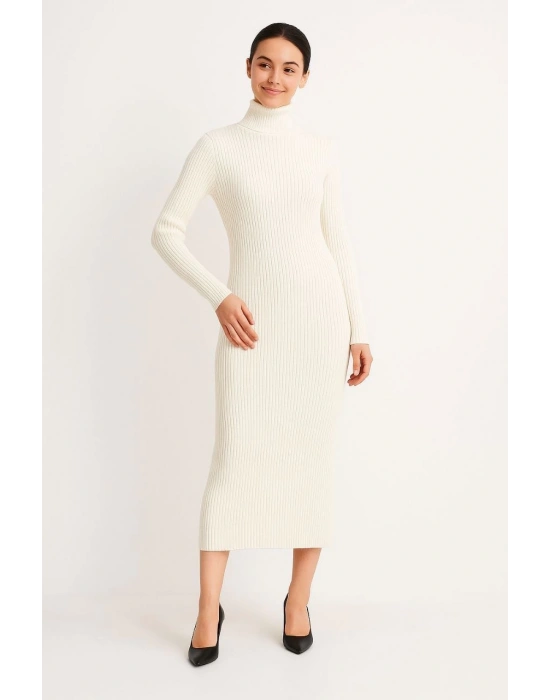Kadın Boğazlı Triko Elbise Uzun Fitilli Esnek Dokuma Tam Kalıp Baharlık 130 cm - Beyaz
