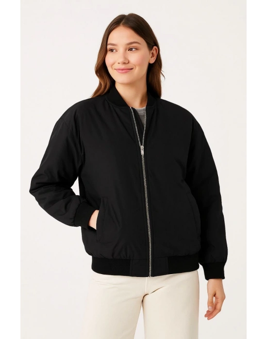 Kadın Bomber Mont Ceket Fermuarlı Kapitone İçi Astarlı Su İtici Regular Fit Yandan - Siyah