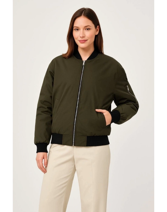 Kadın Bomber Mont Ceket Fermuarlı Kapitone İçi Astarlı Su İtici Regular Fit Yandan - Haki