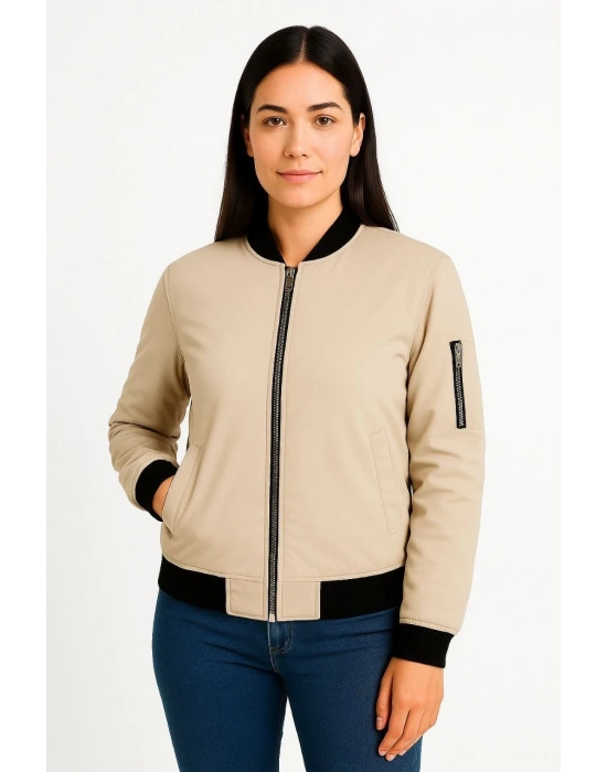 Kadın Bomber Mont Ceket Fermuarlı Kapitone İçi Astarlı Su İtici Regular Fit Yandan - bej