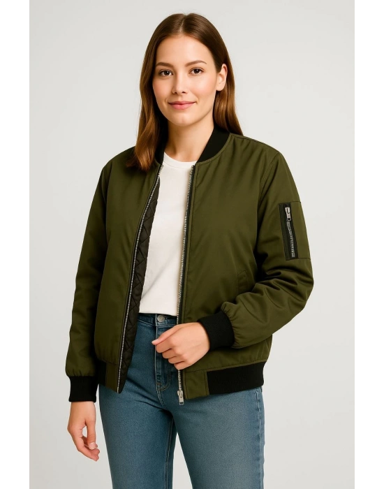 Kadın Bomber Mont Ceket Fermuarlı Kapitone İçi Astarlı Su İtici Regular Fit Yandan - Haki