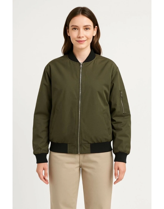 Kadın Bomber Mont Ceket Fermuarlı Kapitone İçi Astarlı Su İtici Regular Fit Yandan - Haki