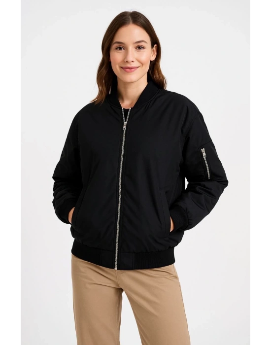 Kadın Bomber Mont Ceket Fermuarlı Kapitone İçi Astarlı Su İtici Regular Fit Yandan - Siyah