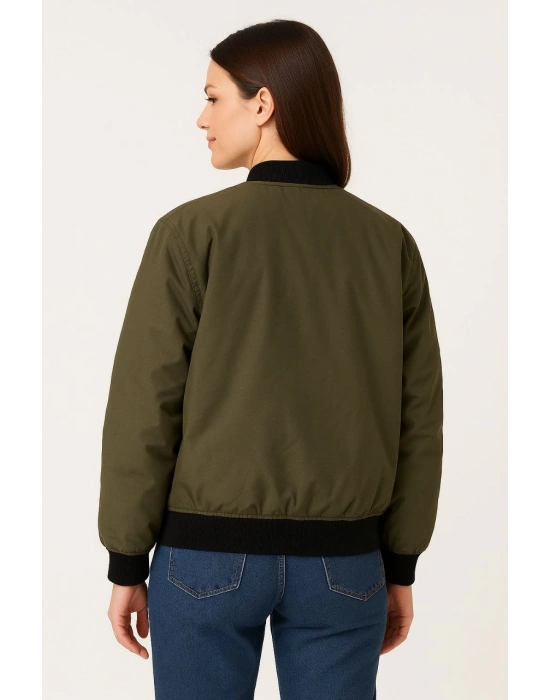 Kadın Bomber Mont Ceket Fermuarlı Kapitone İçi Astarlı Su İtici Regular Fit Yandan - Haki