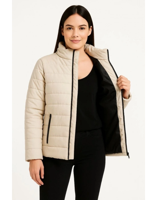 Kadın Bomber Mont Ceket – Su İtici Kumaş, Kapitone Astarlı, Fermuarlı, Kışlık - Bej
