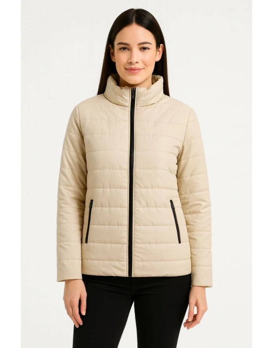 Kadın Bomber Mont Ceket – Su İtici Kumaş, Kapitone Astarlı, Fermuarlı, Kışlık - Bej