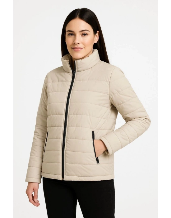 Kadın Bomber Mont Ceket – Su İtici Kumaş, Kapitone Astarlı, Fermuarlı, Kışlık - Bej