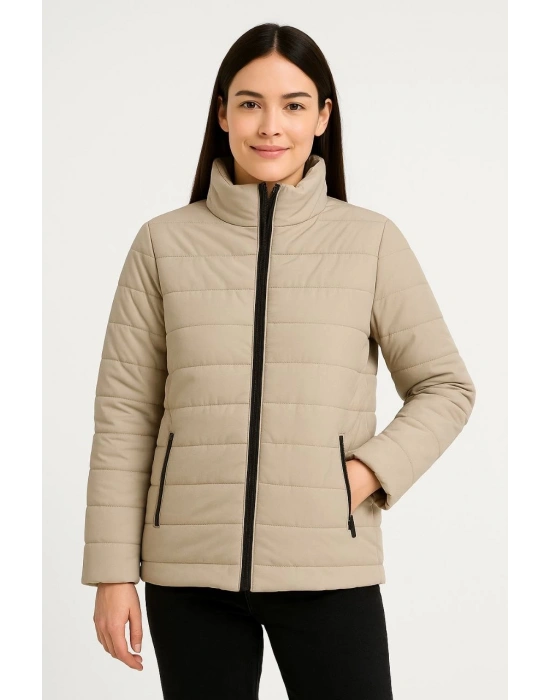 Kadın Bomber Mont Ceket – Su İtici Kumaş, Kapitone Astarlı, Fermuarlı, Kışlık - Bej