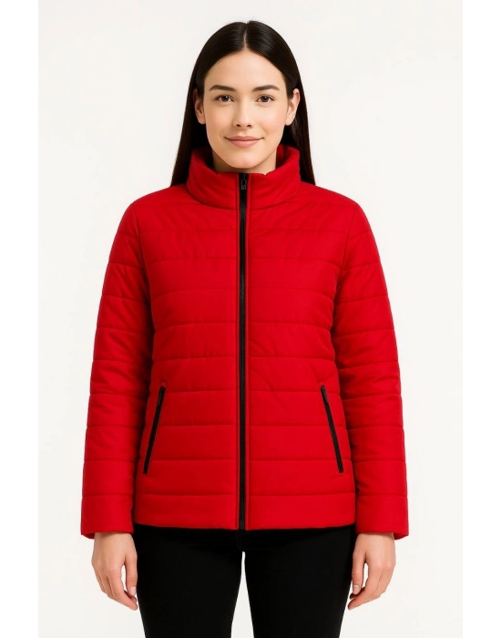Kadın Bomber Mont Ceket – Su İtici Kumaş, Kapitone Astarlı, Fermuarlı, Kışlık - Kırmızı