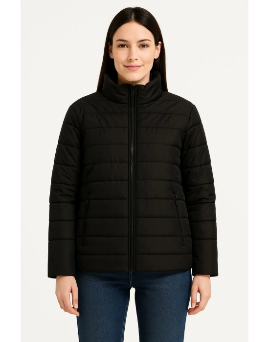 Kadın Bomber Mont Ceket – Su İtici Kumaş, Kapitone Astarlı, Fermuarlı, Kışlık - Siyah