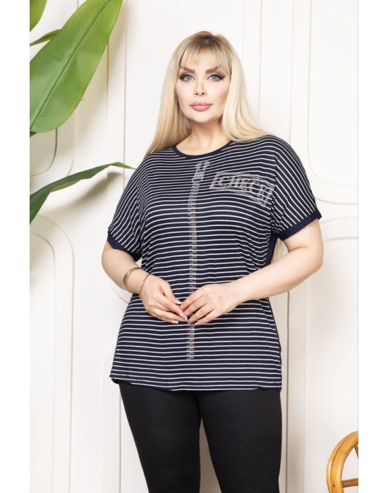 Kadın Büyük Beden Çizgili Taş Detaylı Kısa Kollu Likralı Viskon Tişört - Lacivert