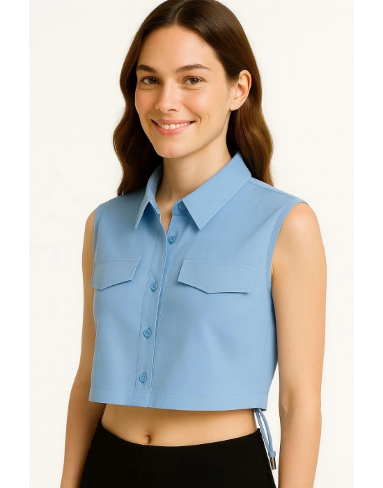 Kadın Crop Poplin Gömlek Yalancı Cepli Ayarlanabilir Yan Kordonlu - Bebe Mavisi
