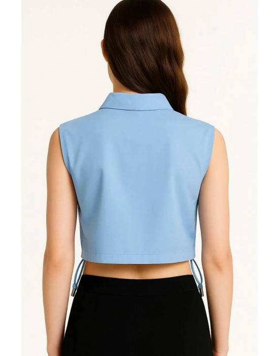 Kadın Crop Poplin Gömlek Yalancı Cepli Ayarlanabilir Yan Kordonlu - Bebe Mavisi