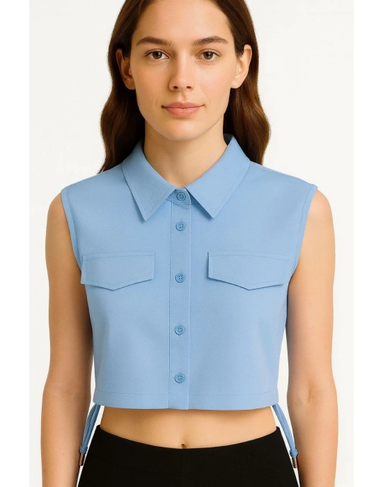 Kadın Crop Poplin Gömlek Yalancı Cepli Ayarlanabilir Yan Kordonlu - Bebe Mavisi