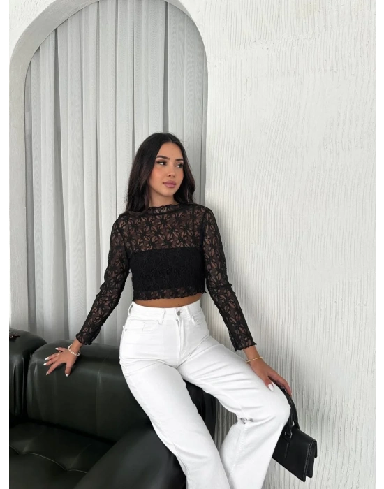 Kadın Dantel Uzun Kol Bluz- Siyah