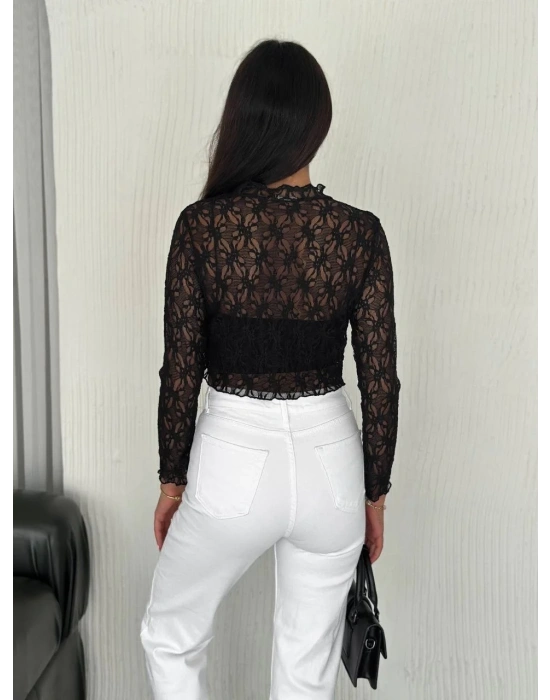 Kadın Dantel Uzun Kol Bluz- Siyah