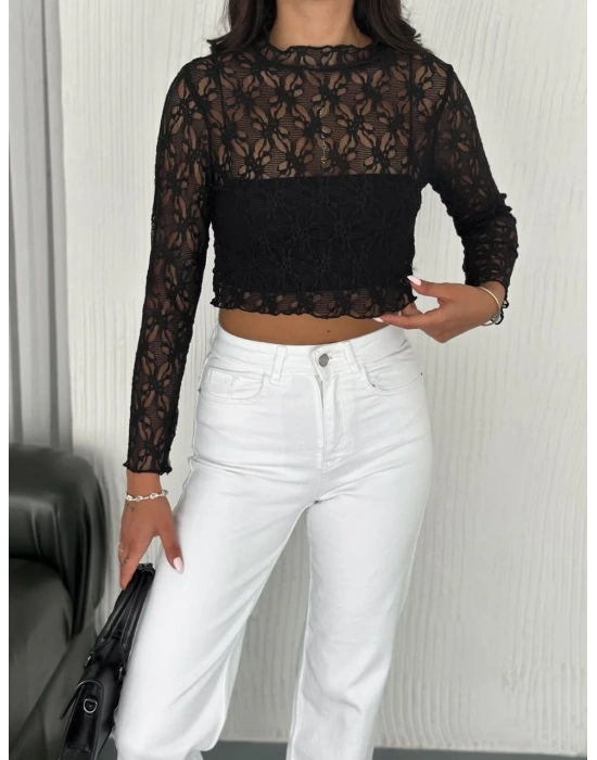 Kadın Dantel Uzun Kol Bluz- Siyah