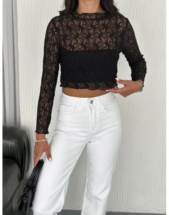 Kadın Dantel Uzun Kol Bluz- Siyah