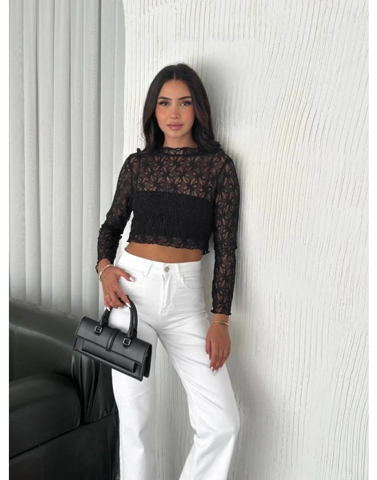 Kadın Dantel Uzun Kol Bluz- Siyah