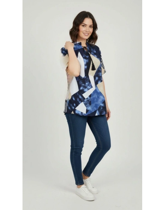 Kadın Desenli Püsküllü Viskon Bluz Bebe Yaka Kısa Kollu Big Size Rahat Kesim - Desenli