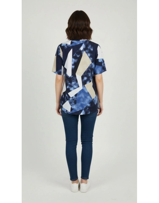 Kadın Desenli Püsküllü Viskon Bluz Bebe Yaka Kısa Kollu Big Size Rahat Kesim - Desenli