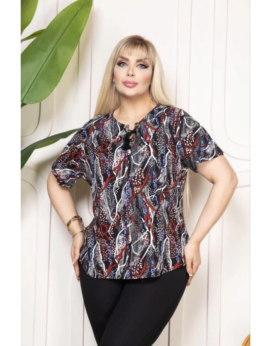 Kadın Desenli Püsküllü Viskon Bluz Bebe Yaka Kısa Kollu Big Size Kesim - Desenli