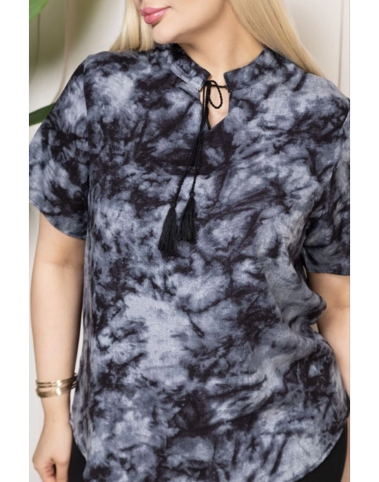 Kadın Desenli Püsküllü Viskon Bluz Bebe Yaka Kısa Kollu Big Size Rahat Kesim - Desenli