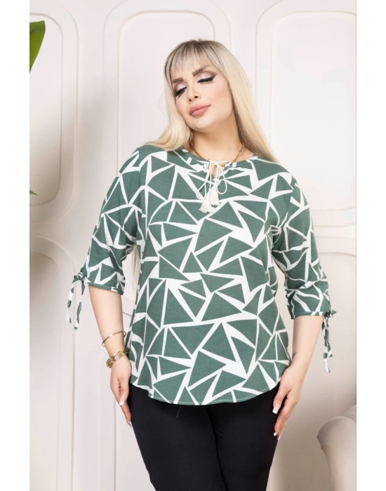Kadın Desenli Püsküllü Viskon Bluz Bebe Yaka Kısa Kollu Big Size Rahat Kesim - Desenli